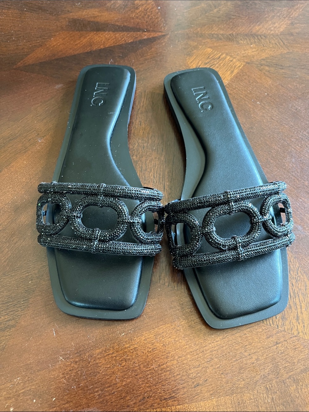 INC International Concepts Black Beaded Chain-Embellished Slide Mules